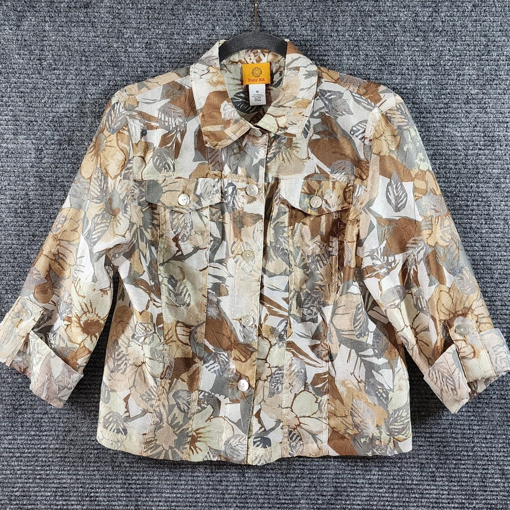 Ruby Rd Burnout Jacket Womens 10 Beige Floral 3/4 Sleeve Camp Shirt